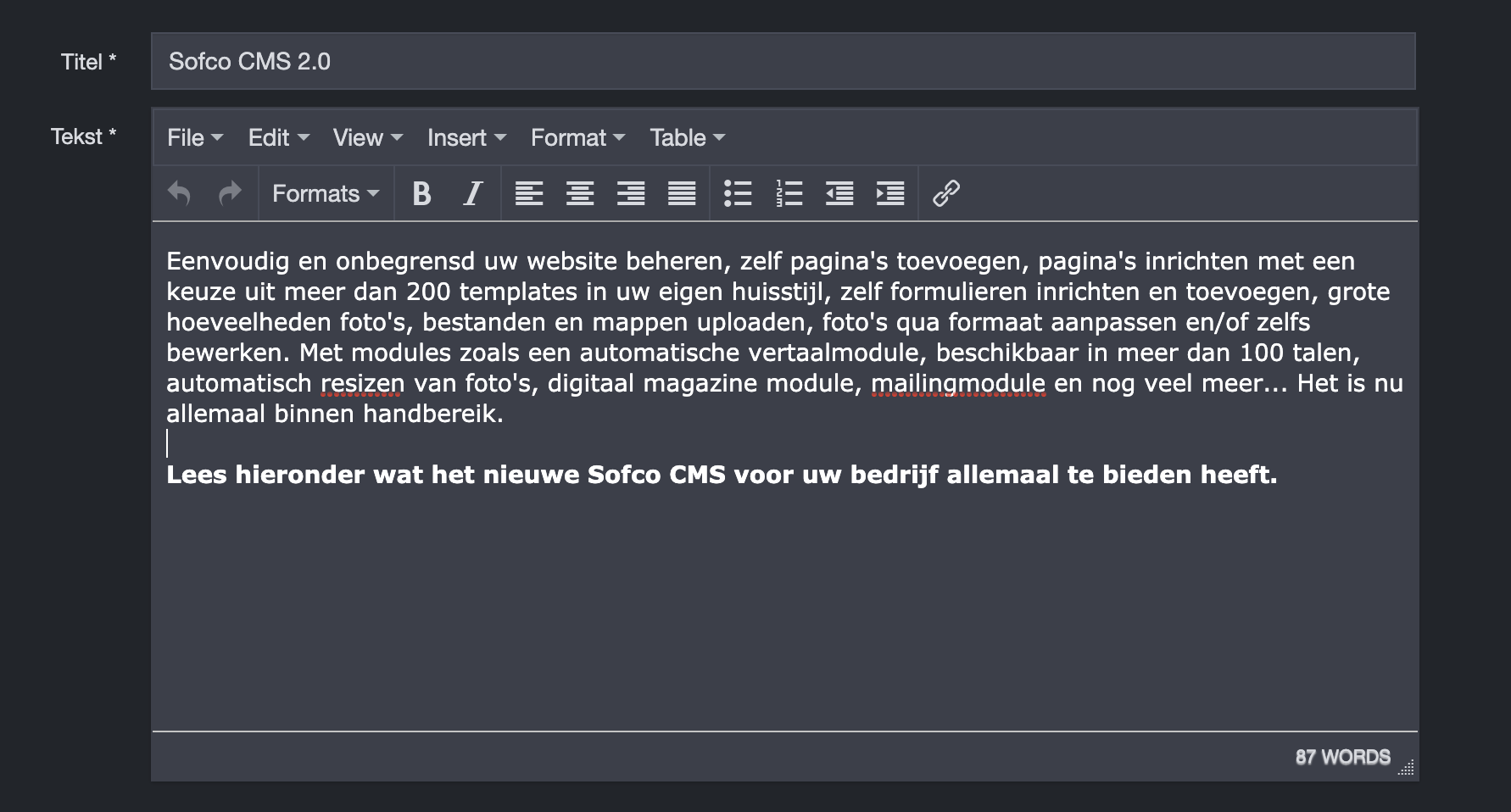 Beheer de inhoud van uw website met onze geavanceerde tekst editor